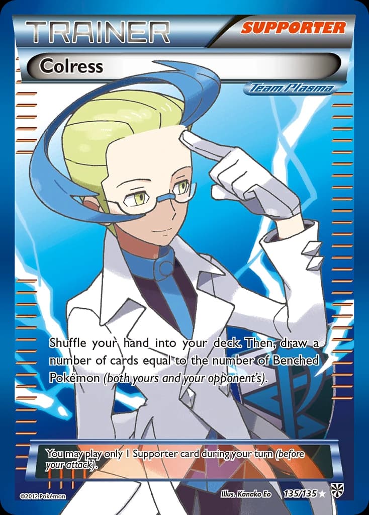 Colress, Plasma Storm full art 135/135. Hand to his glasses, a lightning-blue field. Illustrated by Kanako Eo.