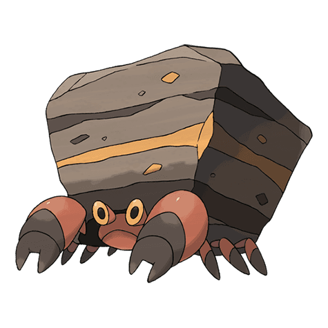 Crustle, a crab carrying a slab of rock on its back, asleep and drawn without colour.